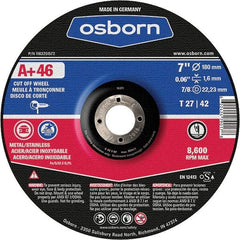 Osborn - 7" 46 Grit Aluminum Oxide Cutoff Wheel - 0.06" Thick, 7/8" Arbor, Use with Angle Grinders - Exact Industrial Supply