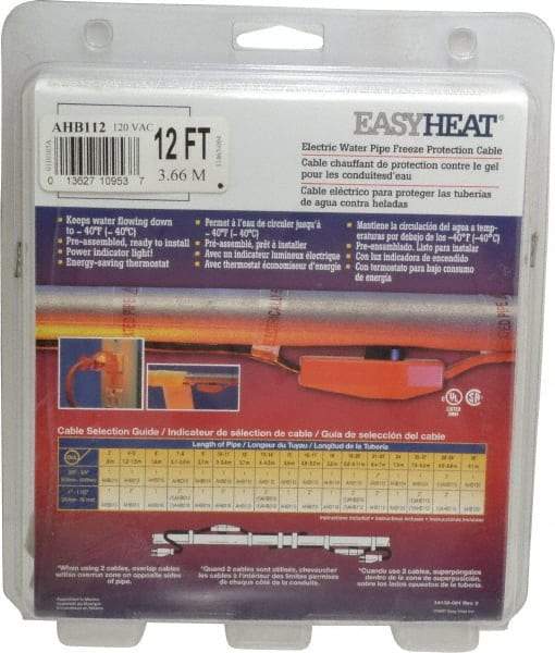 EasyHeat - 12' Long, Preassembled, Fixed Length, Fixed Wattage, Protection Heat Cable - 120 Input Volts, 84 Watts - Exact Industrial Supply