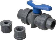 Simtech - 1/2" Pipe, Full Port, PVC True Union Design Ball Valve - Inline - Two Way Flow, FNPT x FNPT (with Socket Adapter) Ends, Tee Handle, 232 WOG - Exact Industrial Supply