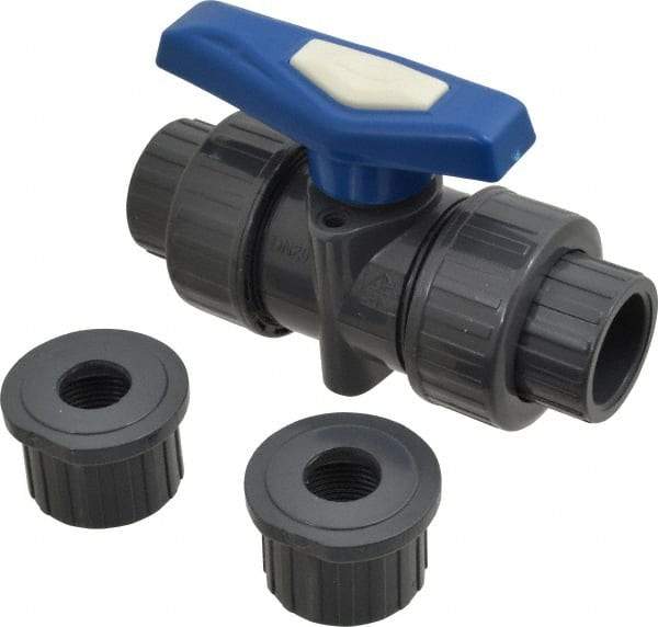 Simtech - 3/4" Pipe, Full Port, PVC True Union Design Ball Valve - Inline - Two Way Flow, FNPT x FNPT (with Socket Adapter) Ends, Tee Handle, 232 WOG - Exact Industrial Supply
