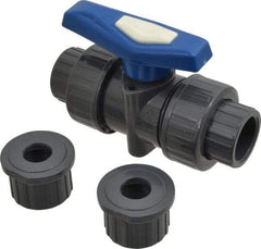 Simtech - 3/4" Pipe, Full Port, PVC True Union Design Ball Valve - Inline - Two Way Flow, FNPT x FNPT (with Socket Adapter) Ends, Tee Handle, 232 WOG - Exact Industrial Supply