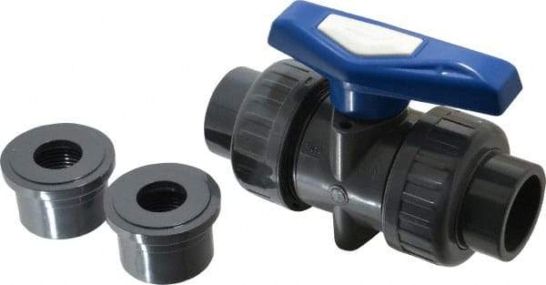 Simtech - 1" Pipe, Full Port, PVC True Union Design Ball Valve - Inline - Two Way Flow, FNPT x FNPT (with Socket Adapter) Ends, Tee Handle, 232 WOG - Exact Industrial Supply