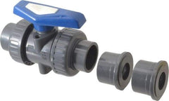 Simtech - 1-1/4" Pipe, Full Port, PVC True Union Design Ball Valve - Inline - Two Way Flow, FNPT x FNPT (with Socket Adapter) Ends, Tee Handle, 232 WOG - Exact Industrial Supply