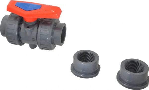 Simtech - 1-1/2" Pipe, Full Port, PVC True Union Design Ball Valve - Inline - Two Way Flow, FNPT x FNPT (with Socket Adapter) Ends, Tee Handle, 232 WOG - Exact Industrial Supply
