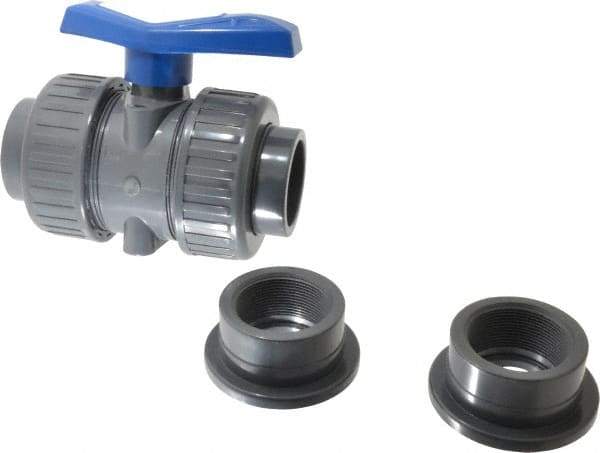 Simtech - 2" Pipe, Full Port, PVC True Union Design Ball Valve - Inline - Two Way Flow, FNPT x FNPT (with Socket Adapter) Ends, Tee Handle, 232 WOG - Exact Industrial Supply