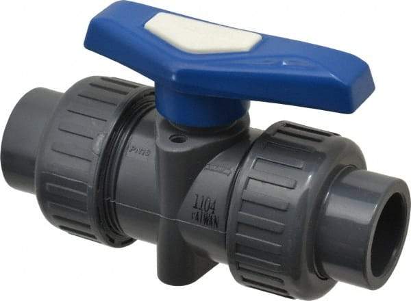 Simtech - 3/4" Pipe, Full Port, PVC True Union Design Ball Valve - Inline - Two Way Flow, FNPT x FNPT (with Socket Adapter) Ends, Tee Handle, 232 WOG - Exact Industrial Supply