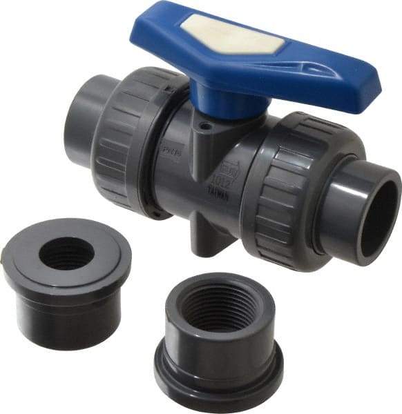 Simtech - 1" Pipe, Full Port, PVC True Union Design Ball Valve - Inline - Two Way Flow, FNPT x FNPT (with Socket Adapter) Ends, Tee Handle, 232 WOG - Exact Industrial Supply