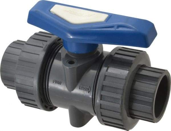 Simtech - 1-1/4" Pipe, Full Port, PVC True Union Design Ball Valve - Inline - Two Way Flow, FNPT x FNPT (with Socket Adapter) Ends, Tee Handle, 232 WOG - Exact Industrial Supply