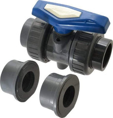 Simtech - 1-1/2" Pipe, Full Port, PVC True Union Design Ball Valve - Inline - Two Way Flow, FNPT x FNPT (with Socket Adapter) Ends, Tee Handle, 232 WOG - Exact Industrial Supply