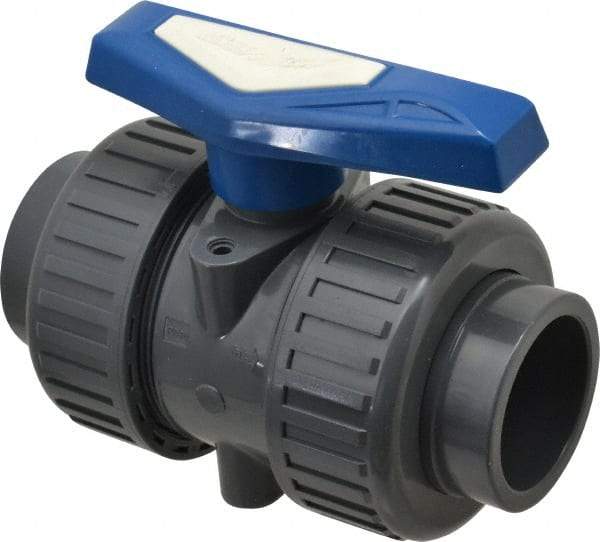 Simtech - 2" Pipe, Full Port, PVC True Union Design Ball Valve - Inline - Two Way Flow, FNPT x FNPT (with Socket Adapter) Ends, Tee Handle, 232 WOG - Exact Industrial Supply