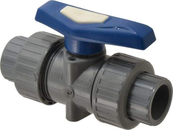 Simtech - 3/4" Pipe, Full Port, CPVC True Union Design Ball Valve - Inline - Two Way Flow, FNPT x FNPT (with Socket Adapter) Ends, Tee Handle, 232 WOG - Exact Industrial Supply