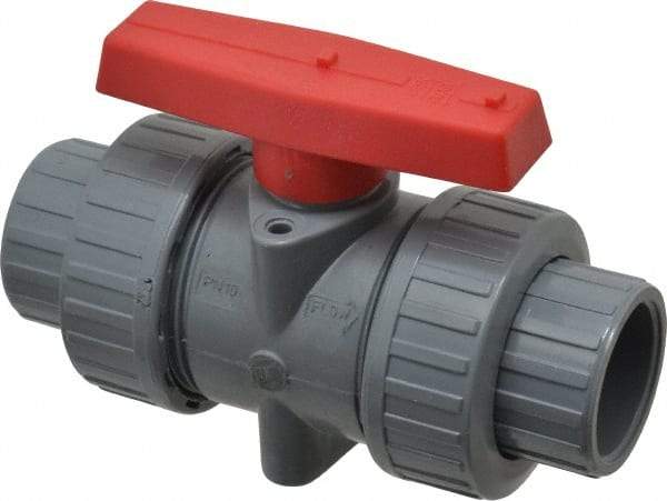 Simtech - 1" Pipe, Full Port, CPVC True Union Design Ball Valve - Inline - Two Way Flow, FNPT x FNPT (with Socket Adapter) Ends, Tee Handle, 232 WOG - Exact Industrial Supply