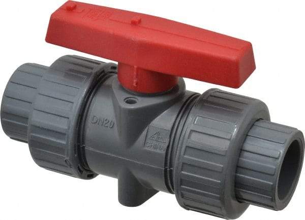 Simtech - 3/4" Pipe, Full Port, CPVC True Union Design Ball Valve - Inline - Two Way Flow, FNPT x FNPT (with Socket Adapter) Ends, Tee Handle, 232 WOG - Exact Industrial Supply