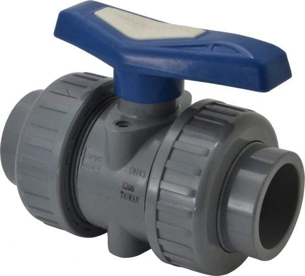 Simtech - 1-1/2" Pipe, Full Port, CPVC True Union Design Ball Valve - Inline - Two Way Flow, FNPT x FNPT (with Socket Adapter) Ends, Tee Handle, 232 WOG - Exact Industrial Supply