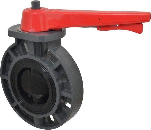 Simtech - 4" Pipe, Wafer Butterfly Valve - Lever Handle, PVC Body, EPDM Seat, 150 WOG, Polypropylene Disc, Stainless Steel Stem - Exact Industrial Supply