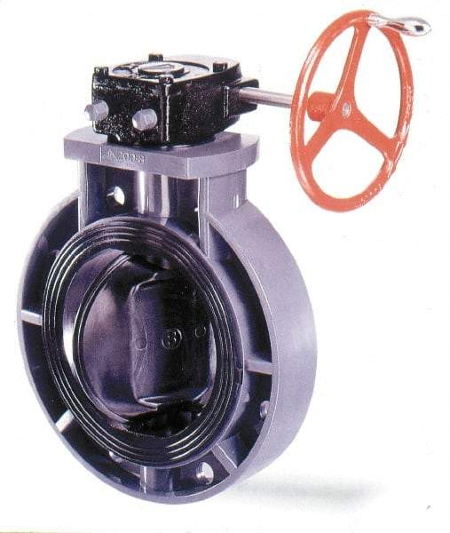 Simtech - 10" Pipe, Wafer Butterfly Valve - Gear Handle, PVC Body, EPDM Seat, 150 WOG, Polypropylene Disc, Stainless Steel Stem - Exact Industrial Supply