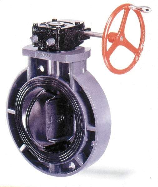 Simtech - 8" Pipe, Wafer Butterfly Valve - Gear Handle, PVC Body, EPDM Seat, 150 WOG, Polypropylene Disc, Stainless Steel Stem - Exact Industrial Supply