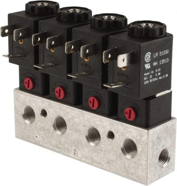 ARO/Ingersoll-Rand - 1/8", CAT Series 3-Way 2-Position Bar Manifold Stacking Solenoid Valve - 24 VDC, 0.062 CV Rate, 3.275" High x 5" Long - Exact Industrial Supply
