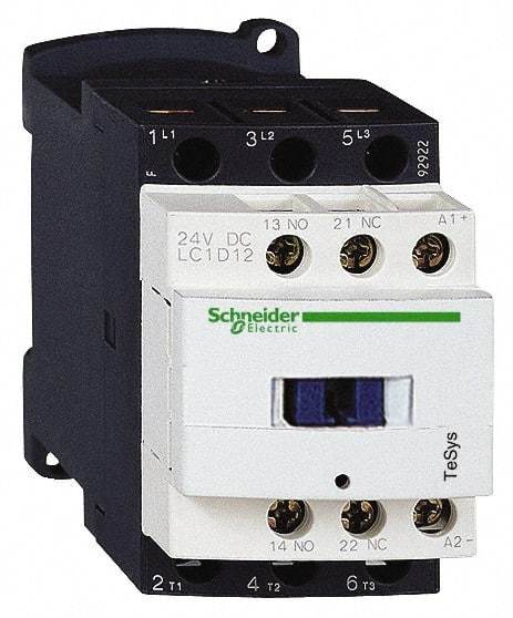 Schneider Electric - 3 Pole, 12 Coil VDC, 12 Amp at 440 VAC and 25 Amp at 440 VAC, Nonreversible IEC Contactor - 1 Phase hp: 1 at 115 VAC, 2 at 230/240 VAC, 3 Phase hp: 10 at 575/600 VAC, 3 at 200/208 VAC, 3 at 230/240 VAC, 7.5 at 460/480 VAC - Exact Industrial Supply