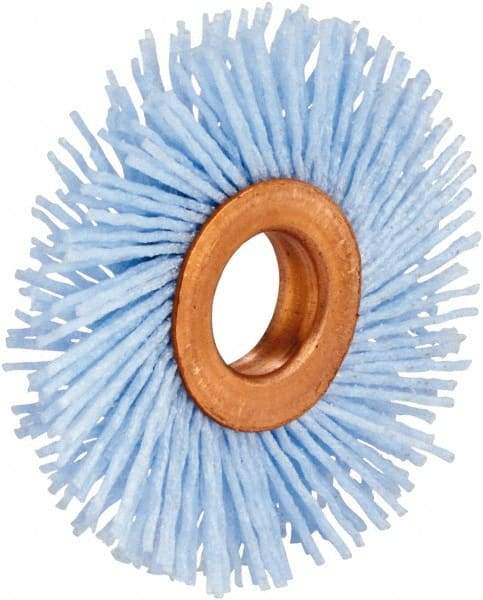 Tanis - 2" OD, 1/2" Arbor Hole, Crimped Nylon Wheel Brush - 1/4" Face Width, 3/8" Trim Length, 0.04" Filament Diam - Exact Industrial Supply