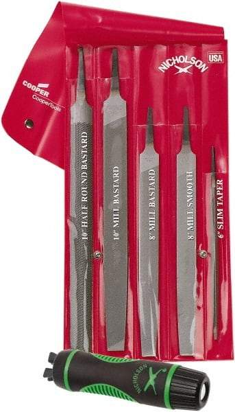 Nicholson - 6 Piece American Pattern File Set - 6", 8", 10" Long, Bastard/Smooth Coarseness, Set Includes Half Round, Mill, Slim Taper - Exact Industrial Supply