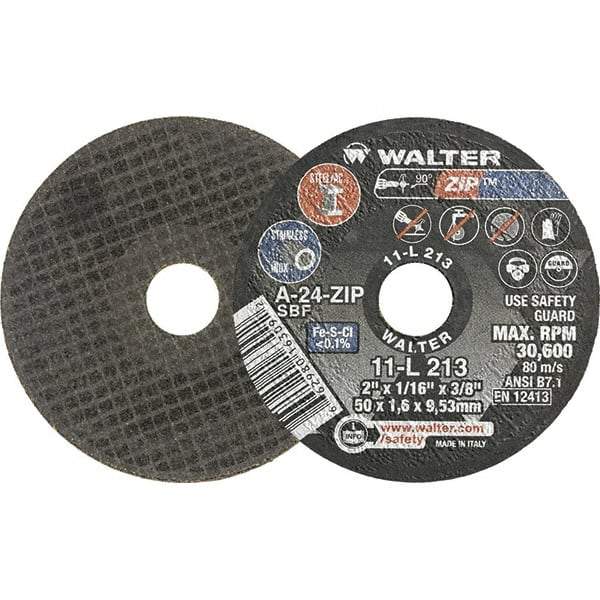 WALTER Surface Technologies - 2" 24 Grit Aluminum Oxide Cutoff Wheel - 1/16" Thick, 3/8" Arbor, 31,000 Max RPM, Use with Die Grinders - Exact Industrial Supply
