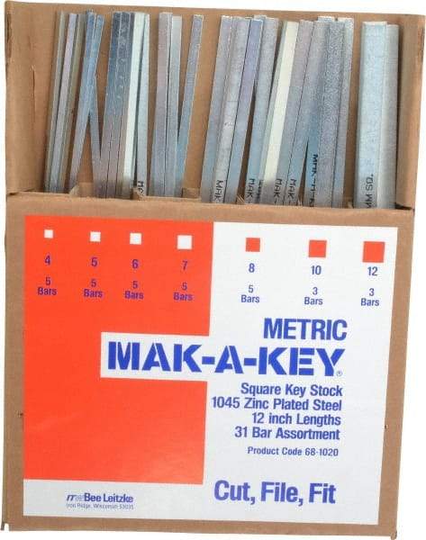 Made in USA - 12" Long, Zinc-Plated Key Stock Assortment - C1045 Steel - Exact Industrial Supply