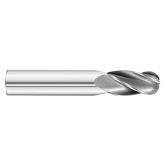 2.5 mm Dia. × 3 mm Shank × 12 mm DOC × 38 mm OAL, Carbide Uncoated, 4 Flute, 30° Helix, Round, External , Ballnose End Mill - Exact Industrial Supply
