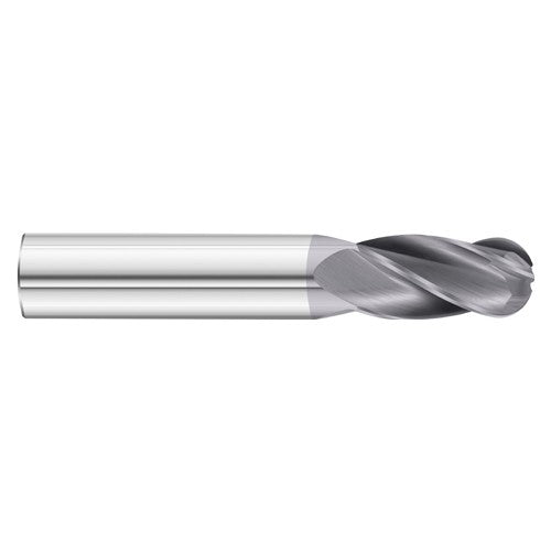 2.5 mm Dia. × 3 mm Shank × 12 mm DOC × 38 mm OAL, Carbide TiAlN, 4 Flute, 30° Helix, Round, External , Ballnose End Mill - Exact Industrial Supply