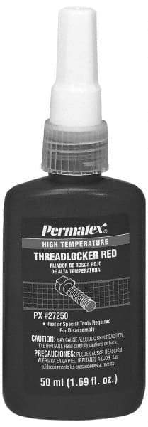 Permatex - 50 mL Bottle, Red, High Strength Liquid Threadlocker - Series 272, 24 hr Full Cure Time, Hand Tool, Heat Removal - Exact Industrial Supply