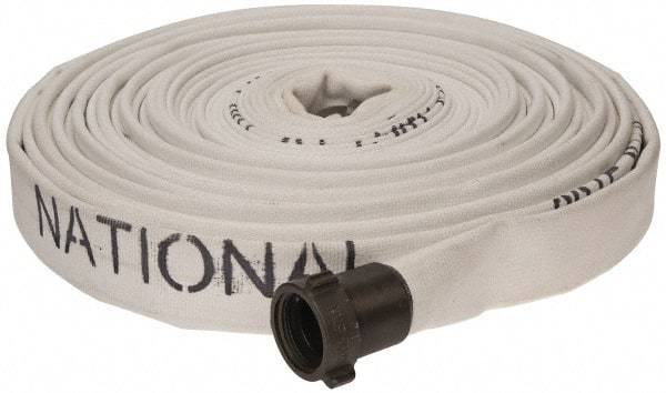 Made in USA - 1-1/2" ID x 1-3/4" OD, 150 Working psi, White Polyester/Rubber Fire Hose, Single Jacket - 1-1/2" NH/NST Ends, 100' Long, -40 to 150°F,450 Burst psi - Exact Industrial Supply