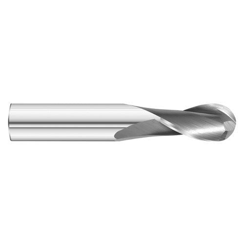 3/16″ Dia. × 3/16″ Shank × 5/8″ DOC × 2″ OAL, Carbide Uncoated, 2 Flute, 30° Helix, Round, External , Ballnose End Mill - Exact Industrial Supply