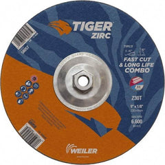 Weiler - 30 Grit, 9" Wheel Diam, Type 27 Depressed Center Wheel - Hard Grade, Zirconia Alumina, T Hardness, 6,600 Max RPM - Exact Industrial Supply