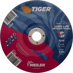 Weiler - 24 Grit, 7" Wheel Diam, 7/8" Arbor Hole, Type 28 Depressed Center Wheel - Medium Grade, Aluminum Oxide, R Hardness, 8,500 Max RPM - Exact Industrial Supply