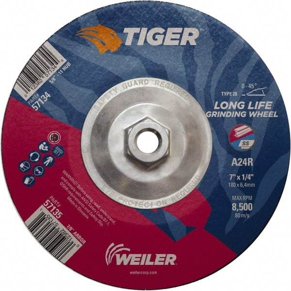 Weiler - 24 Grit, 7" Wheel Diam, Type 28 Depressed Center Wheel - Medium Grade, Aluminum Oxide, R Hardness, 8,500 Max RPM - Exact Industrial Supply