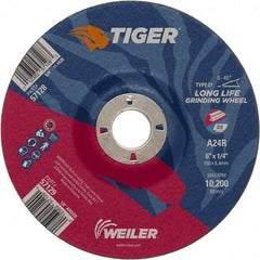 Weiler - 24 Grit, 6" Wheel Diam, 7/8" Arbor Hole, Type 27 Depressed Center Wheel - Medium Grade, Aluminum Oxide, R Hardness, 10,200 Max RPM - Exact Industrial Supply