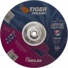 Weiler - 24 Grit, 9" Wheel Diam, Type 27 Depressed Center Wheel - Medium Grade, Ceramic, R Hardness, 6,600 Max RPM - Exact Industrial Supply