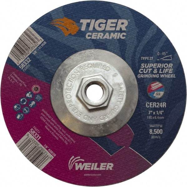 Weiler - 24 Grit, 7" Wheel Diam, Type 27 Depressed Center Wheel - Medium Grade, Ceramic, R Hardness, 8,500 Max RPM - Exact Industrial Supply