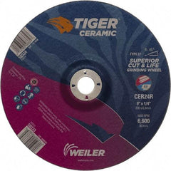 Weiler - 24 Grit, 9" Wheel Diam, 7/8" Arbor Hole, Type 27 Depressed Center Wheel - Medium Grade, Ceramic, R Hardness, 6,600 Max RPM - Exact Industrial Supply