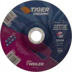 Weiler - 24 Grit, 7" Wheel Diam, 7/8" Arbor Hole, Type 27 Depressed Center Wheel - Medium Grade, Ceramic, R Hardness, 8,500 Max RPM - Exact Industrial Supply