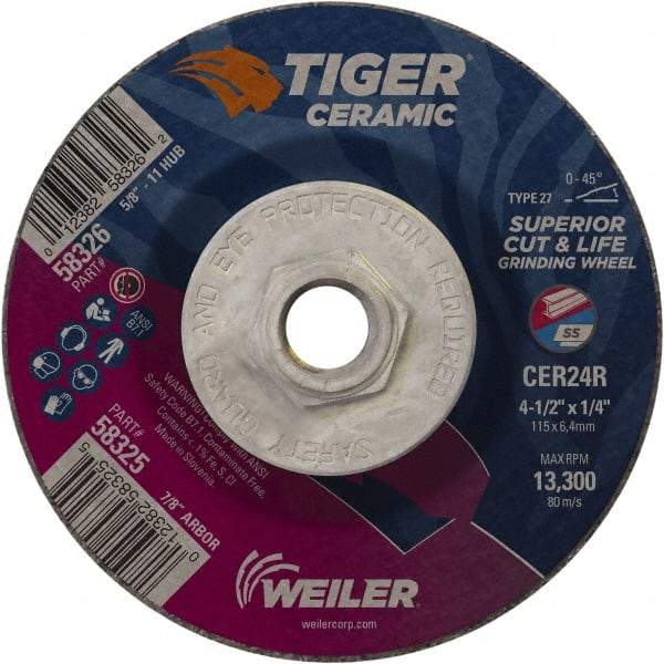 Weiler - 24 Grit, 4-1/2" Wheel Diam, Type 27 Depressed Center Wheel - Medium Grade, Ceramic, R Hardness, 13,300 Max RPM - Exact Industrial Supply