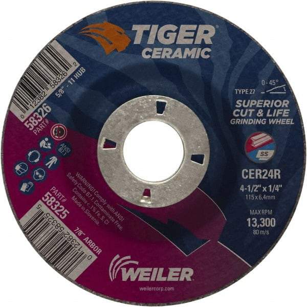 Weiler - 24 Grit, 4-1/2" Wheel Diam, 7/8" Arbor Hole, Type 27 Depressed Center Wheel - Medium Grade, Ceramic, R Hardness, 13,300 Max RPM - Exact Industrial Supply