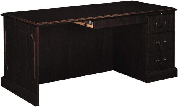 Hon - High Pressure Laminate Left Return Desk with Center Drawer - 66" Wide x 30" Deep x 29-1/2" High, Mahogany - Exact Industrial Supply