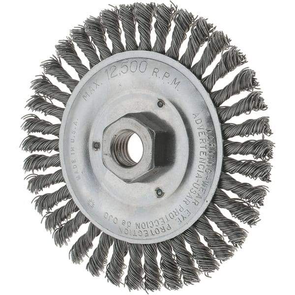 Tru-Maxx - 5" OD, 5/8-11 Arbor Hole, Stringer Bead Steel Wheel Brush - 3/16" Face Width, 7/8" Trim Length, 0.02" Filament Diam, 12,500 RPM - Exact Industrial Supply