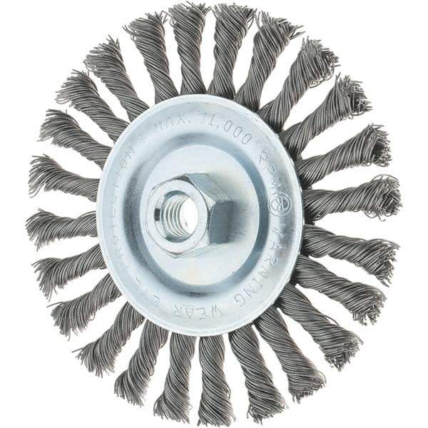 Tru-Maxx - 6" OD, 5/8-11 Arbor Hole, Knotted Steel Wheel Brush - 1/2" Face Width, 1-3/8" Trim Length, 0.02" Filament Diam, 12,500 RPM - Exact Industrial Supply