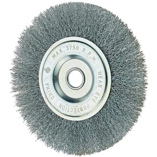 Tru-Maxx - 6" OD, 1/2" Arbor Hole, Crimped Steel Wheel Brush - 3/4" Face Width, 1-1/4" Trim Length, 0.014" Filament Diam, 6,000 RPM - Exact Industrial Supply