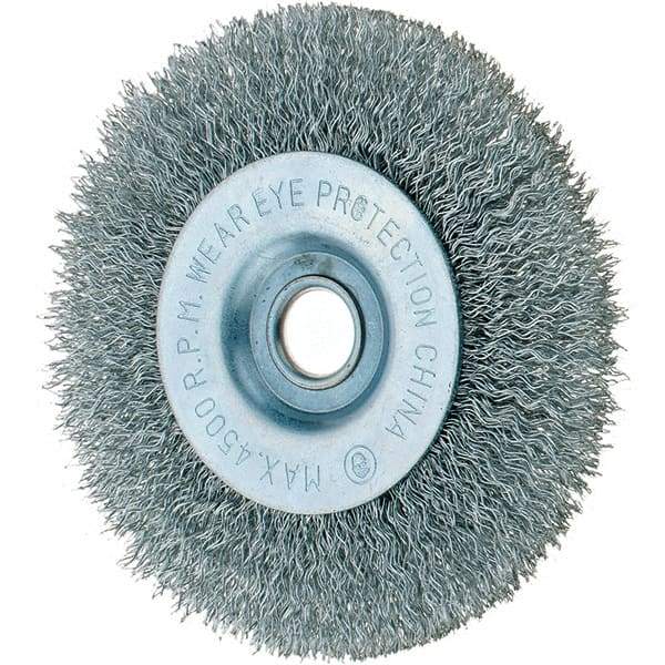 Tru-Maxx - 4" OD, 1/2" Arbor Hole, Crimped Steel Wheel Brush - 1/2" Face Width, 3/4" Trim Length, 0.014" Filament Diam, 6,000 RPM - Exact Industrial Supply