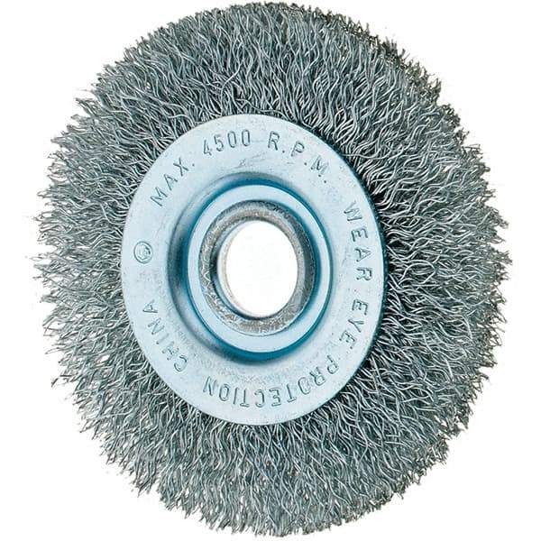 Tru-Maxx - 3" OD, 1/2" Arbor Hole, Crimped Steel Wheel Brush - 7/16" Face Width, 1/2" Trim Length, 0.008" Filament Diam, 12,500 RPM - Exact Industrial Supply