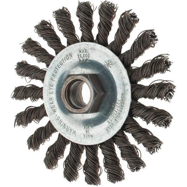 Tru-Maxx - 4" OD, 5/8-11 Arbor Hole, Knotted Steel Wheel Brush - 1/4" Face Width, 7/8" Trim Length, 0.02" Filament Diam, 20,000 RPM - Exact Industrial Supply
