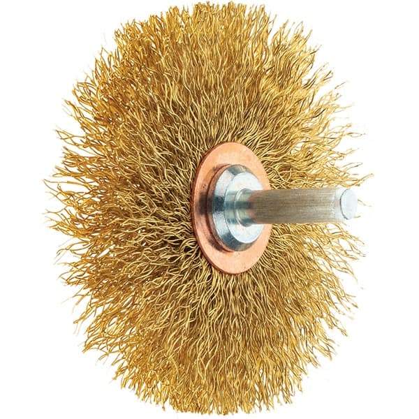 Tru-Maxx - 3" OD, 1/4" Shank Diam, Crimped Brass Wheel Brush - 1/2" Face Width, 1" Trim Length, 0.0118" Filament Diam, 20,000 RPM - Exact Industrial Supply
